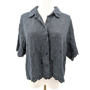 Linen Blend Eyelet Button Front Blouse Dark Gray Abercrombie & Fitch Sz M
